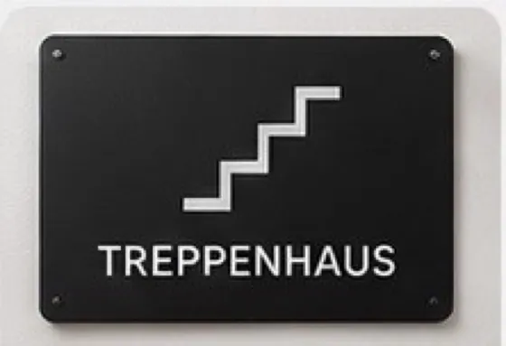 Schwarzes Hinweisschild mit Treppenhaus-Piktogramm und Beschriftung